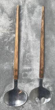 Vintage Nevco Stainless Salad Serving Set Wood Handle Spoon Fork Japan MCM